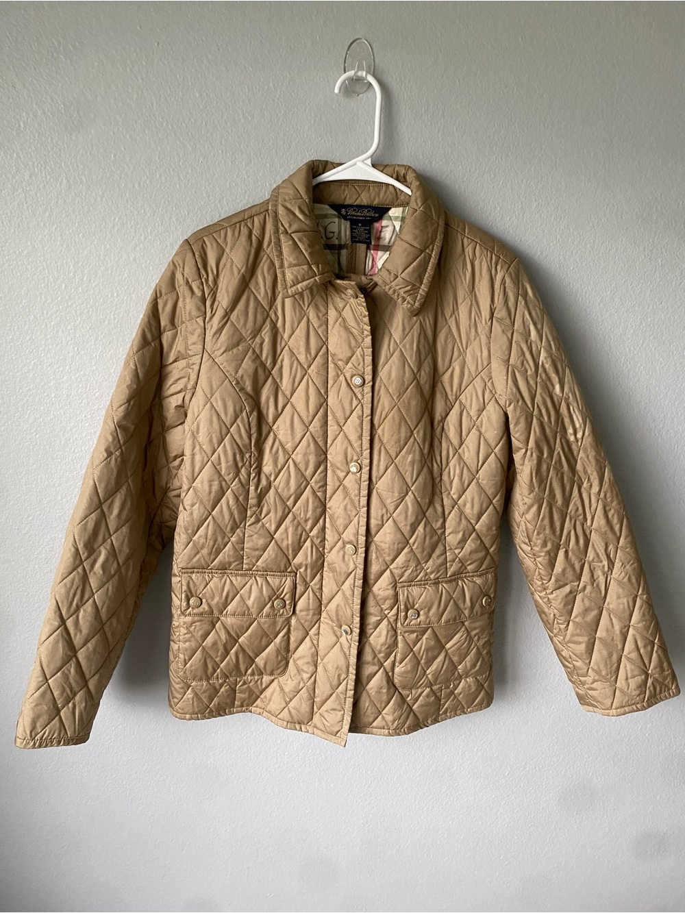 Brooks Brothers Women's Size 10 Tan Diamond Quilted Jacket Plaid Lining